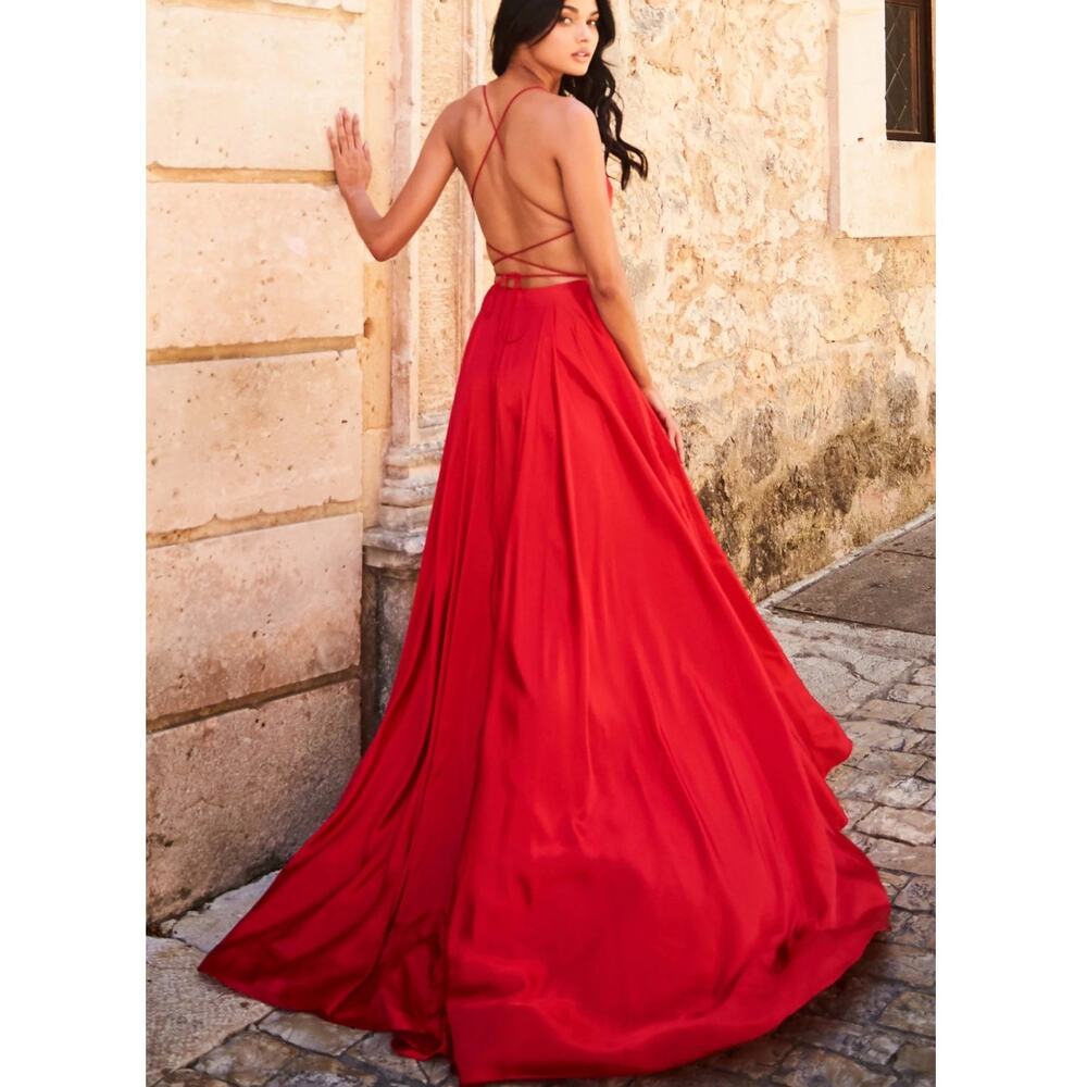 Sherri Hill Red Satin Strappy Lace Up Back Valentines A-Line Formal Prom Dress - Picture 2 of 13